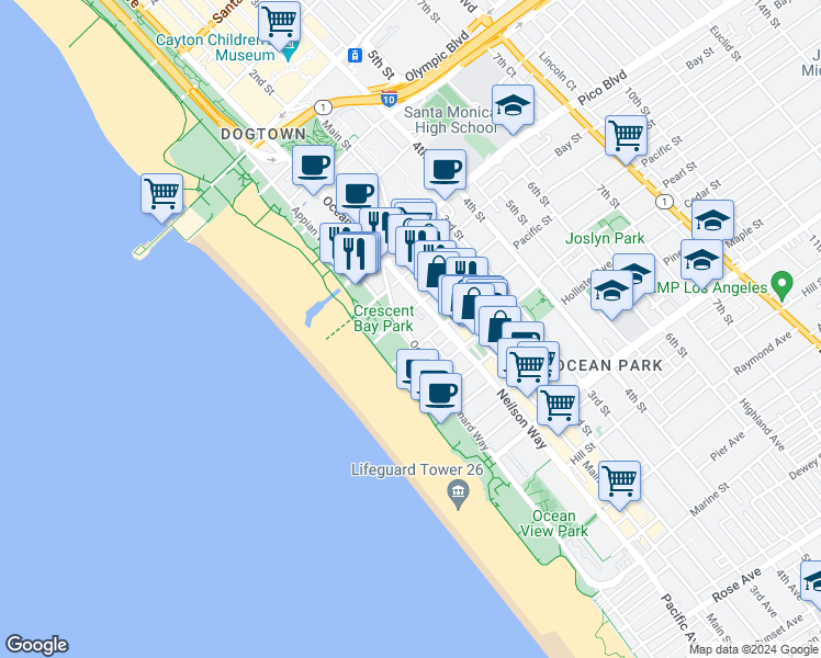 map of restaurants, bars, coffee shops, grocery stores, and more near 2100 Ocean Avenue in Santa Monica