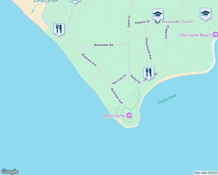 map of restaurants, bars, coffee shops, grocery stores, and more near 7310 Birdview Avenue in Malibu