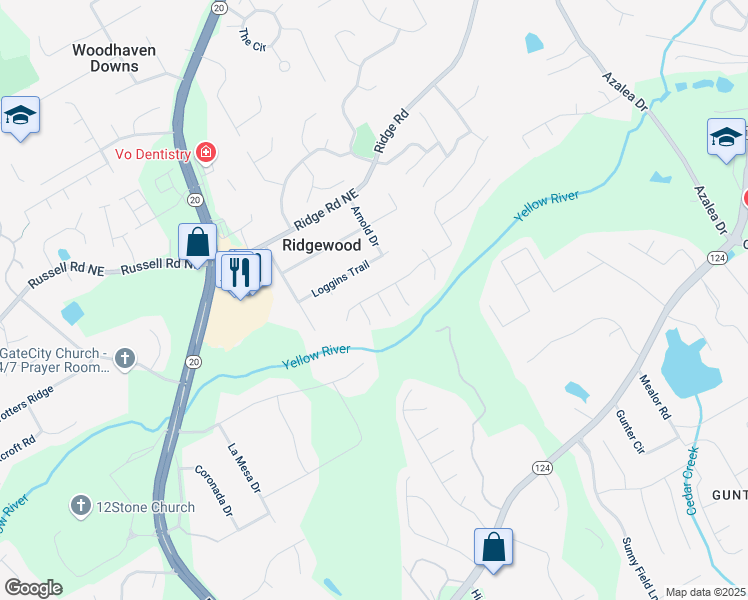 map of restaurants, bars, coffee shops, grocery stores, and more near 1143 Park Hollow Lane Northeast in Lawrenceville