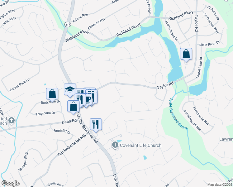 map of restaurants, bars, coffee shops, grocery stores, and more near 514 Deerwood Drive in Suwanee