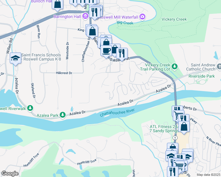 map of restaurants, bars, coffee shops, grocery stores, and more near 65 Willow Springs Lane in Roswell