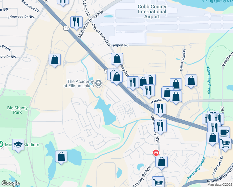 map of restaurants, bars, coffee shops, grocery stores, and more near 2115 Cobb Parkway Northwest in Kennesaw