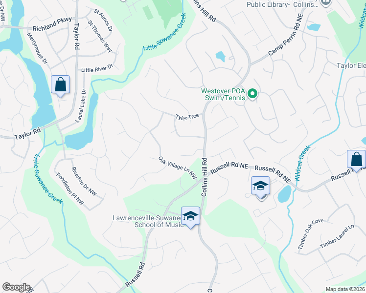 map of restaurants, bars, coffee shops, grocery stores, and more near 1818 Collins Hill Road in Lawrenceville