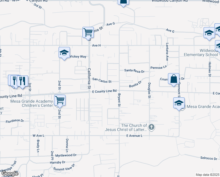 map of restaurants, bars, coffee shops, grocery stores, and more near 35248 County Line Road in Yucaipa