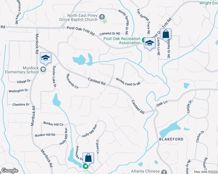 map of restaurants, bars, coffee shops, grocery stores, and more near 2250 Mitchell Road Northeast in Marietta