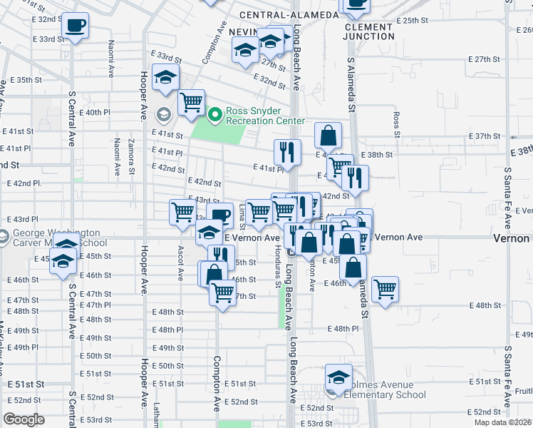 map of restaurants, bars, coffee shops, grocery stores, and more near 4320 Morgan Avenue in Los Angeles