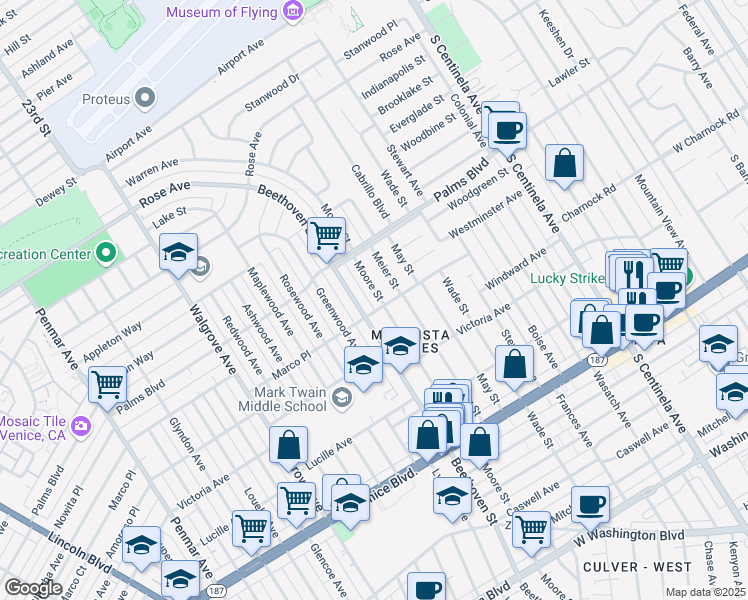 map of restaurants, bars, coffee shops, grocery stores, and more near 3559 Moore Street in Los Angeles
