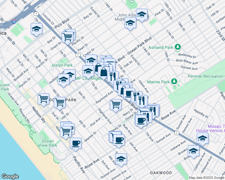 map of restaurants, bars, coffee shops, grocery stores, and more near 745 Raymond Avenue in Santa Monica