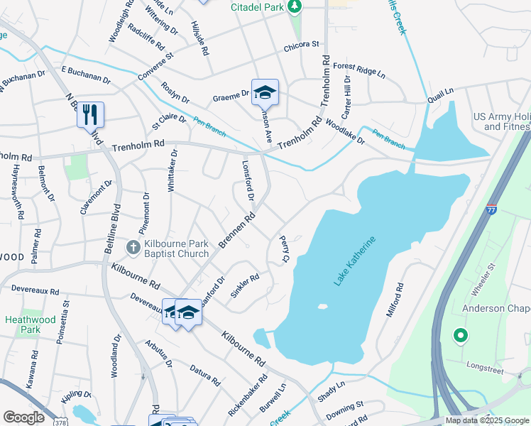 map of restaurants, bars, coffee shops, grocery stores, and more near 4514 Nandina Drive in Columbia