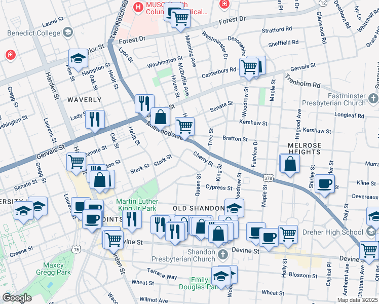 map of restaurants, bars, coffee shops, grocery stores, and more near 2539 Cherry Street in Columbia