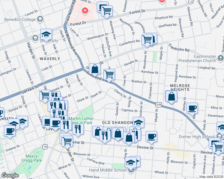 map of restaurants, bars, coffee shops, grocery stores, and more near 2539 Cherry Street in Columbia