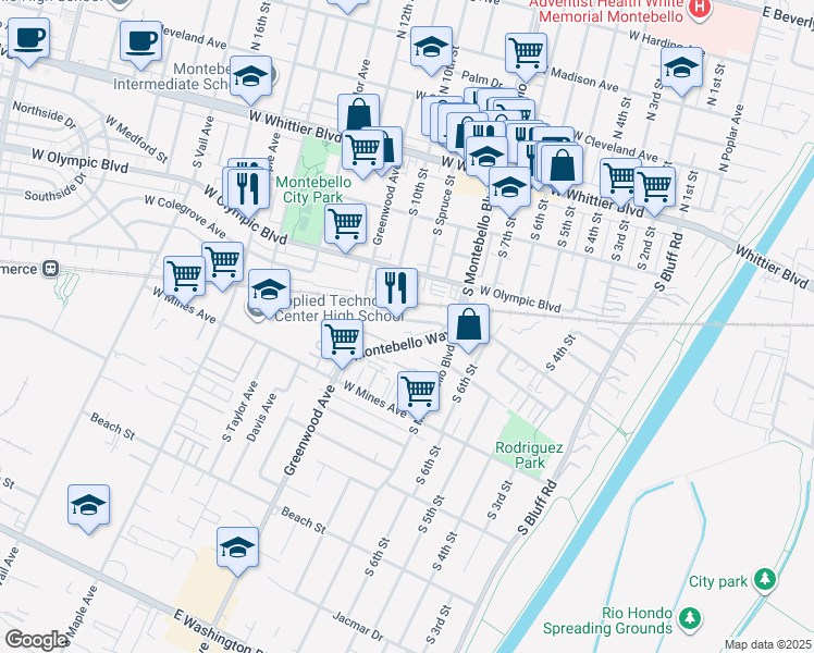 map of restaurants, bars, coffee shops, grocery stores, and more near 839 Truck Way in Montebello