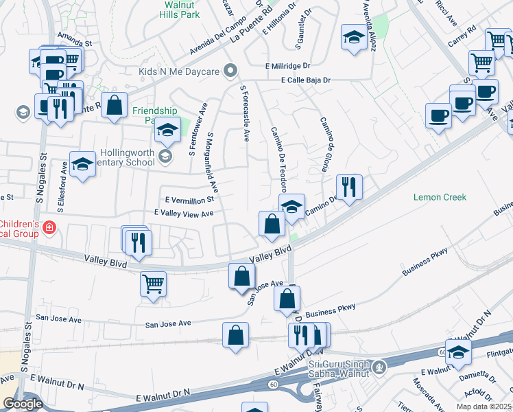map of restaurants, bars, coffee shops, grocery stores, and more near 596 Vista Rambla in Walnut