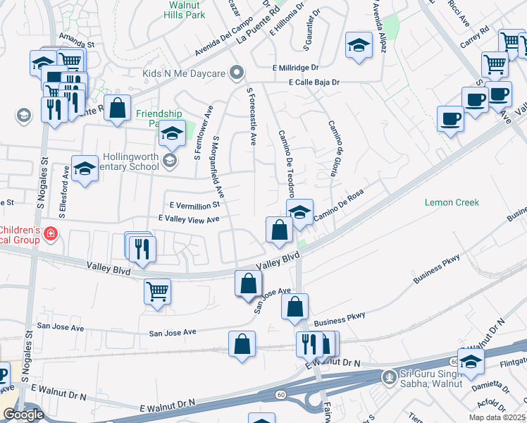 map of restaurants, bars, coffee shops, grocery stores, and more near 596 Vista Rambla in Walnut