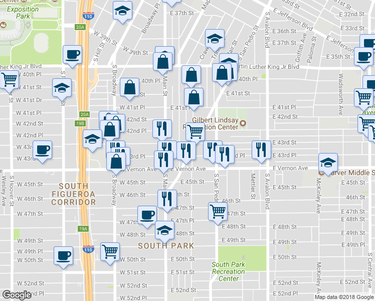 map of restaurants, bars, coffee shops, grocery stores, and more near 4319 San Pedro Place in Los Angeles