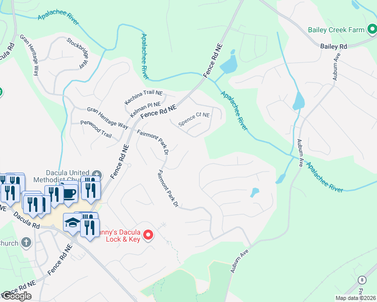 map of restaurants, bars, coffee shops, grocery stores, and more near 2511 Merrion Park Court in Dacula
