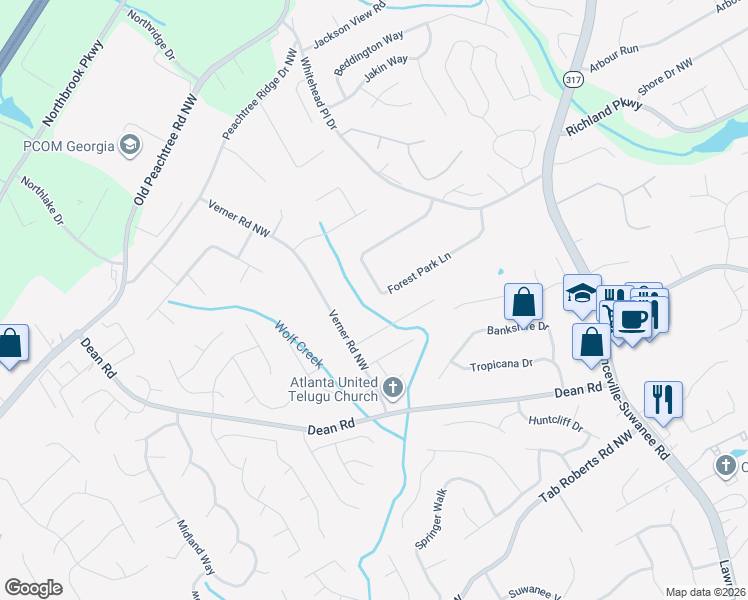 map of restaurants, bars, coffee shops, grocery stores, and more near 891 Forest Park Lane in Suwanee