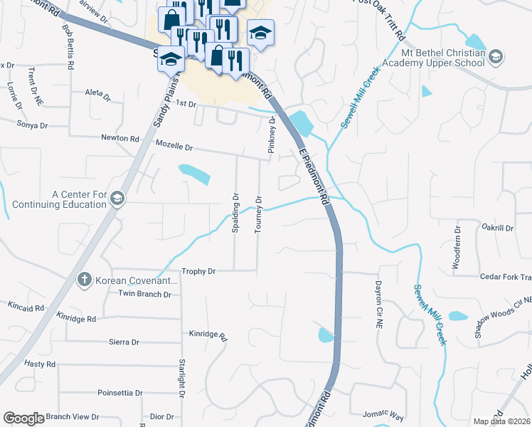 map of restaurants, bars, coffee shops, grocery stores, and more near 2200 Tourney Drive in Marietta