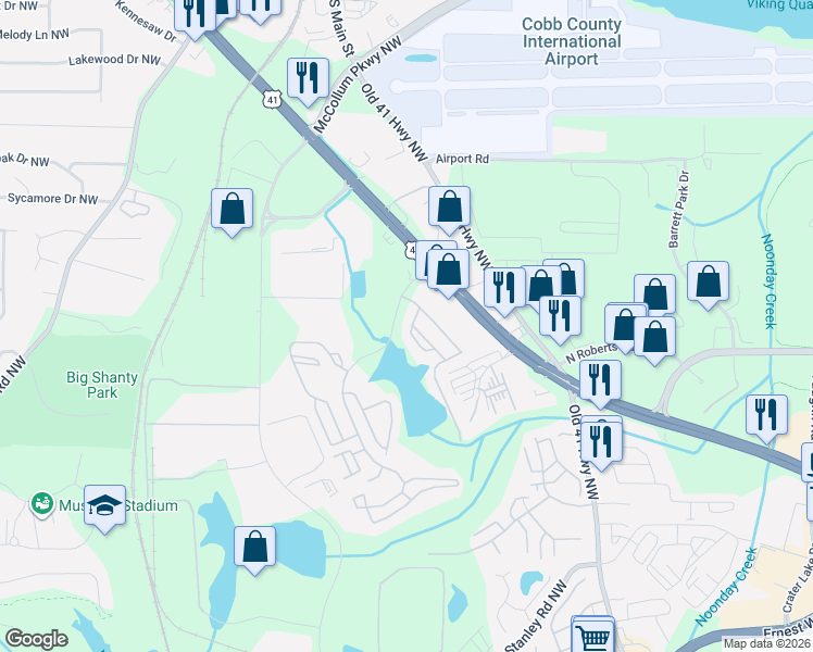 map of restaurants, bars, coffee shops, grocery stores, and more near 2155 Cobb Parkway Northwest in Kennesaw