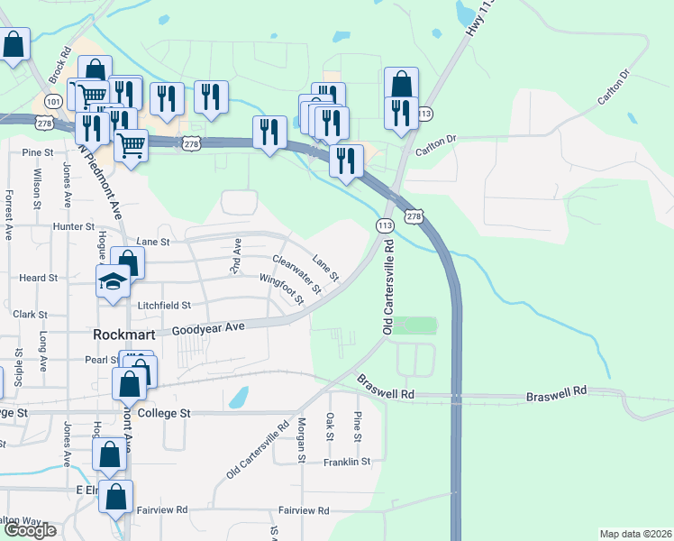 map of restaurants, bars, coffee shops, grocery stores, and more near 593 Lane Street in Rockmart