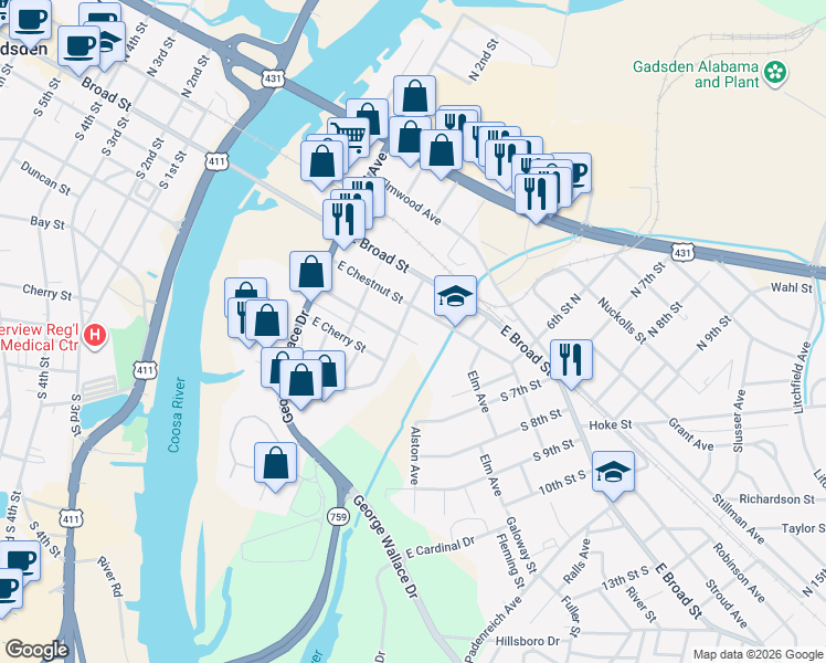 map of restaurants, bars, coffee shops, grocery stores, and more near 316 East Walnut Street in Gadsden