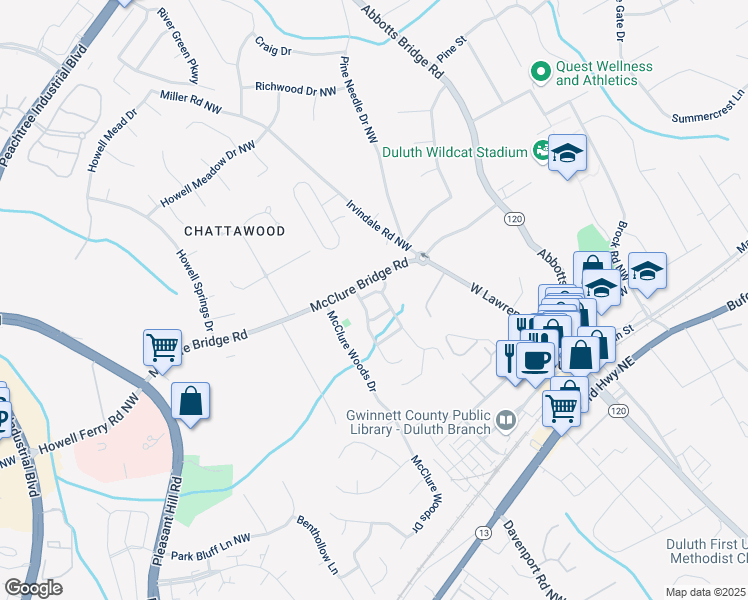 map of restaurants, bars, coffee shops, grocery stores, and more near 3545 Strathmore Dr in Duluth