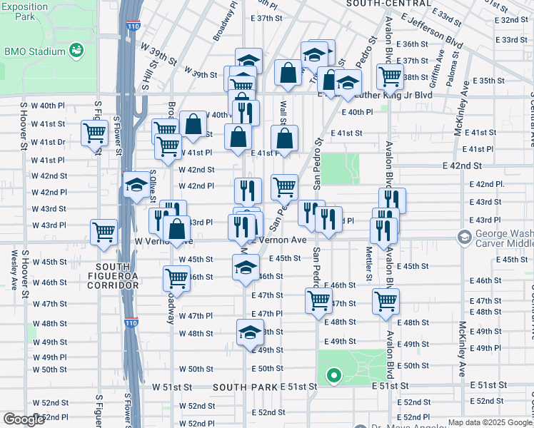 map of restaurants, bars, coffee shops, grocery stores, and more near 4319 San Pedro Place in Los Angeles