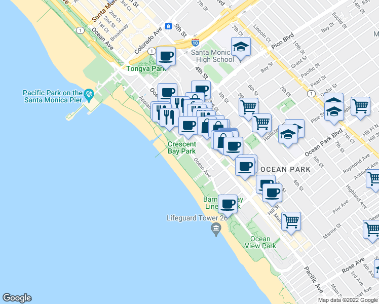 map of restaurants, bars, coffee shops, grocery stores, and more near 2100 Ocean Avenue in Santa Monica