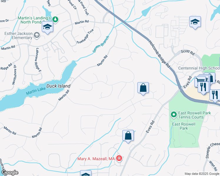 map of restaurants, bars, coffee shops, grocery stores, and more near 2175 Six Branches Drive in Roswell