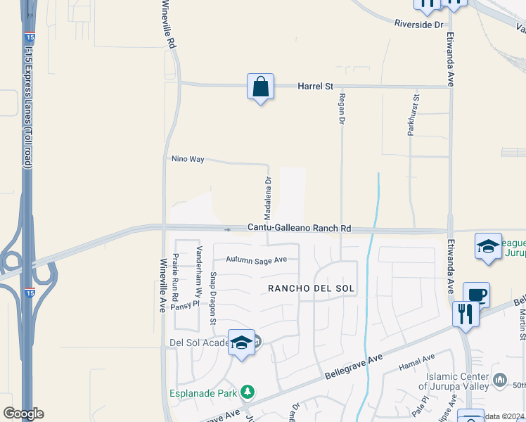 map of restaurants, bars, coffee shops, grocery stores, and more near 11423 Cantu-Galleano Ranch Road in Jurupa Valley