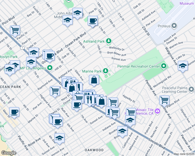 map of restaurants, bars, coffee shops, grocery stores, and more near 3117 Frederick Street in Santa Monica