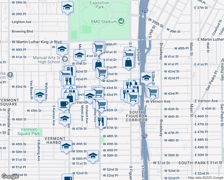 map of restaurants, bars, coffee shops, grocery stores, and more near 636 West 43rd Street in Los Angeles