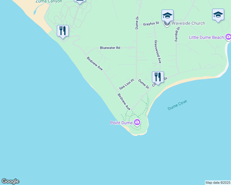 map of restaurants, bars, coffee shops, grocery stores, and more near 7273 Birdview Avenue in Malibu