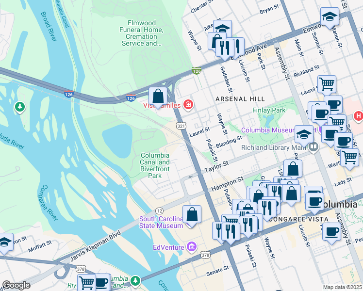 map of restaurants, bars, coffee shops, grocery stores, and more near in Columbia