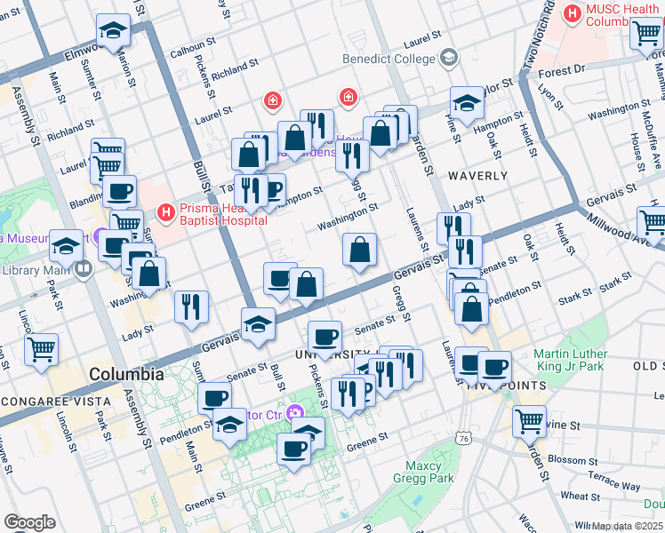 map of restaurants, bars, coffee shops, grocery stores, and more near 1220 Henderson Street in Columbia