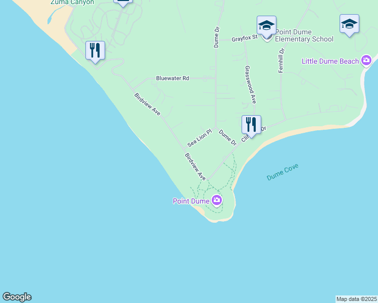 map of restaurants, bars, coffee shops, grocery stores, and more near 7310 Birdview Avenue in Malibu