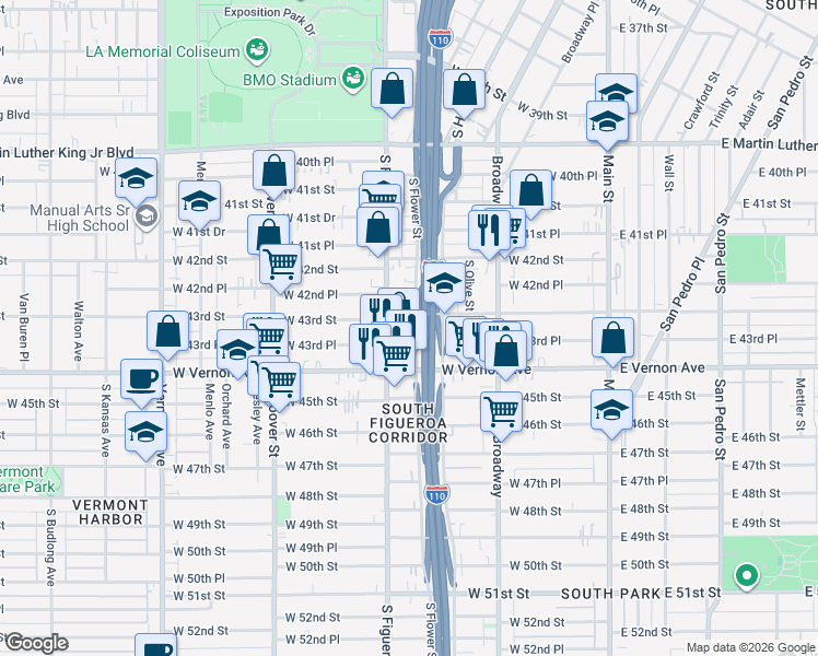 map of restaurants, bars, coffee shops, grocery stores, and more near 4313 South Flower Street in Los Angeles