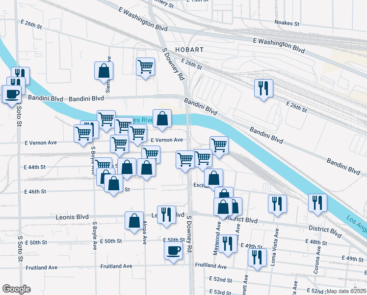 map of restaurants, bars, coffee shops, grocery stores, and more near 4317 South Downey Road in Vernon