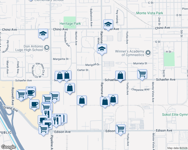 map of restaurants, bars, coffee shops, grocery stores, and more near 13672 Daisy Court in Chino