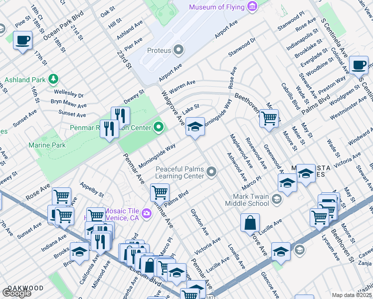 map of restaurants, bars, coffee shops, grocery stores, and more near 1365 Appleton Way in Los Angeles