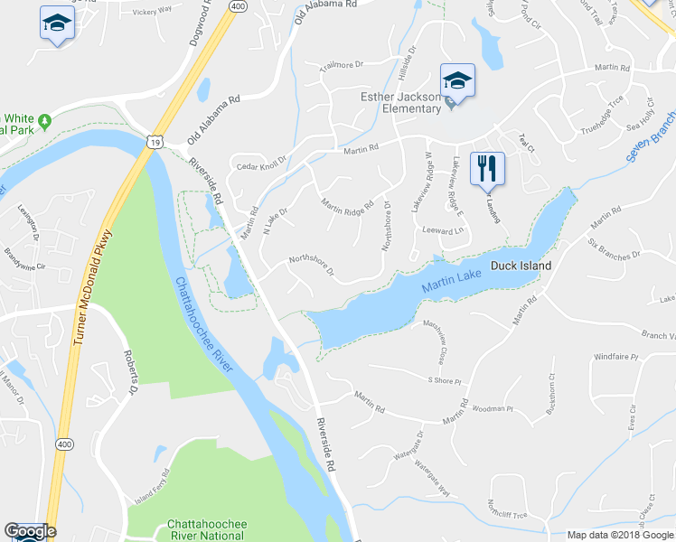 map of restaurants, bars, coffee shops, grocery stores, and more near 1140 Northshore Drive in Roswell