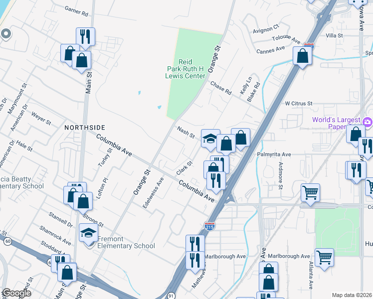 map of restaurants, bars, coffee shops, grocery stores, and more near 1099 Clark Street in Riverside