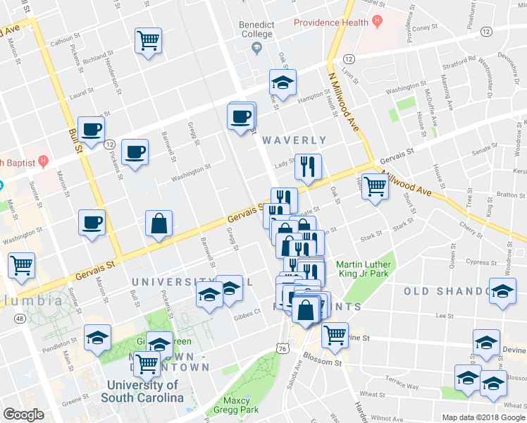 map of restaurants, bars, coffee shops, grocery stores, and more near 2006 Gervais Street in Columbia
