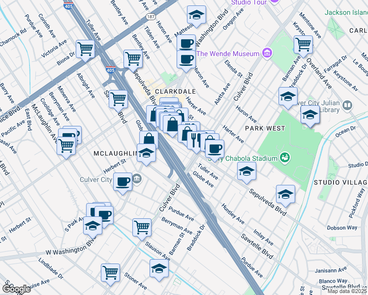 map of restaurants, bars, coffee shops, grocery stores, and more near 4224 Tuller Avenue in Culver City