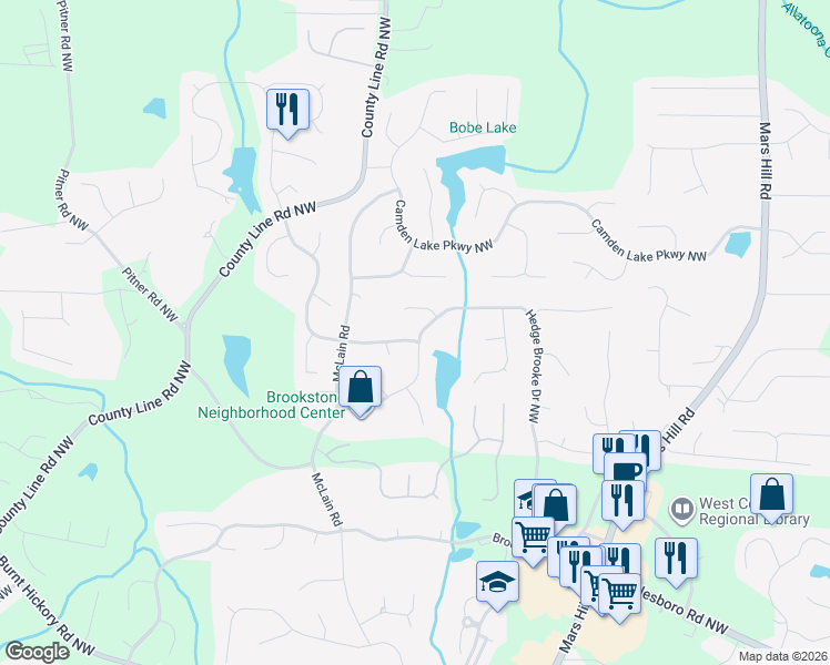 map of restaurants, bars, coffee shops, grocery stores, and more near 5570 Hedge Brooke Drive Northwest in Acworth