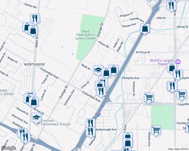 map of restaurants, bars, coffee shops, grocery stores, and more near 1102 Clark Street in Riverside