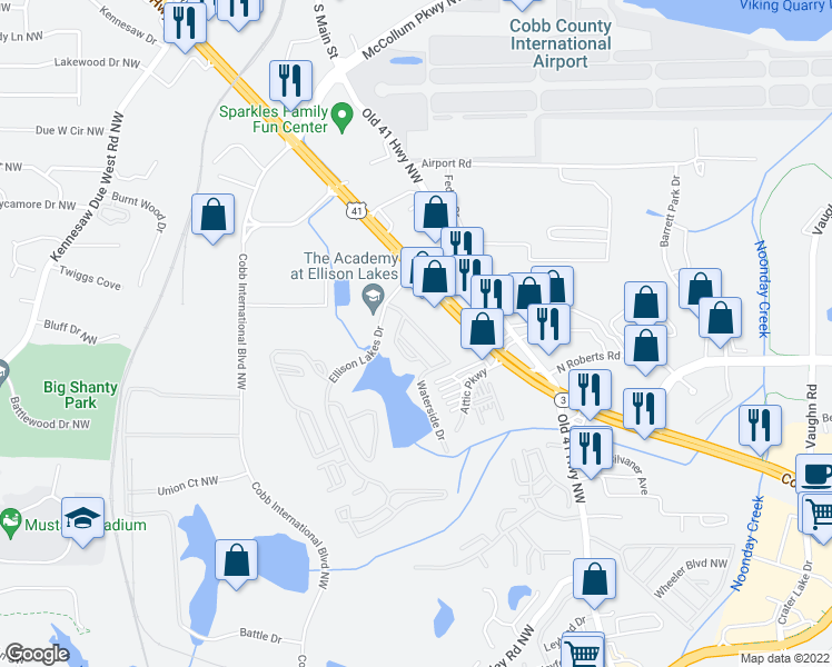 map of restaurants, bars, coffee shops, grocery stores, and more near 1926 Lake Heights Circle Northwest in Kennesaw