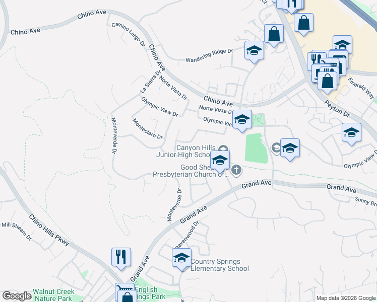 map of restaurants, bars, coffee shops, grocery stores, and more near 2366 Madrugada Drive in Chino Hills
