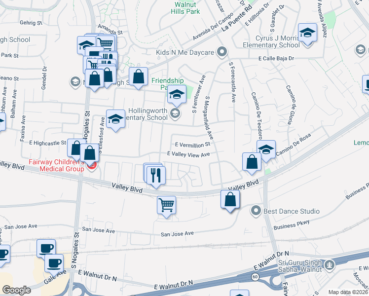 map of restaurants, bars, coffee shops, grocery stores, and more near 3028 East Vermillion Street in West Covina