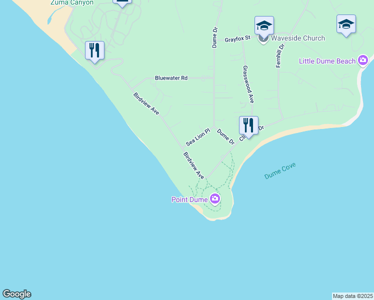map of restaurants, bars, coffee shops, grocery stores, and more near 7310 Birdview Avenue in Malibu